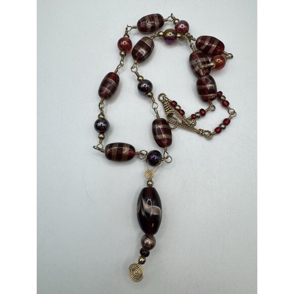 Murano Style Ruby Red Gold Foil Glass Beaded Necklace Venetian Lampwork Pretty - Picture 6 of 8